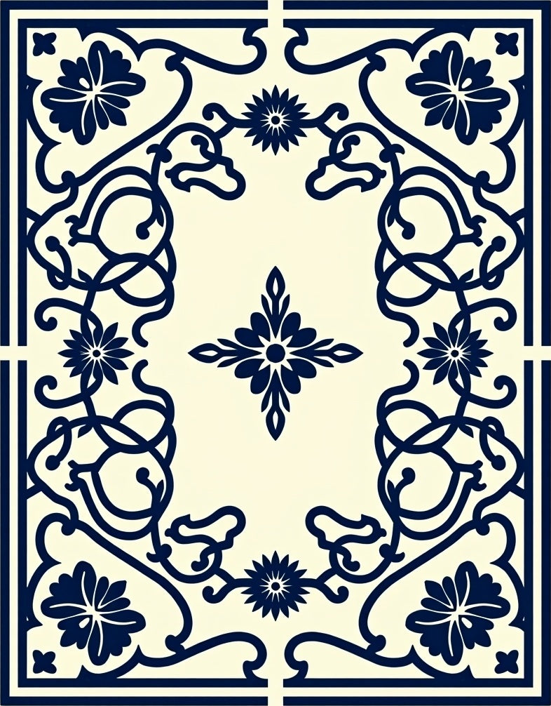 Classic Navy Floral Vines Pattern Rug