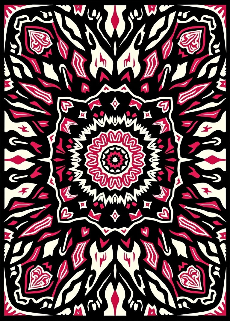 Bold Black Red Floral Mandala Design Rug