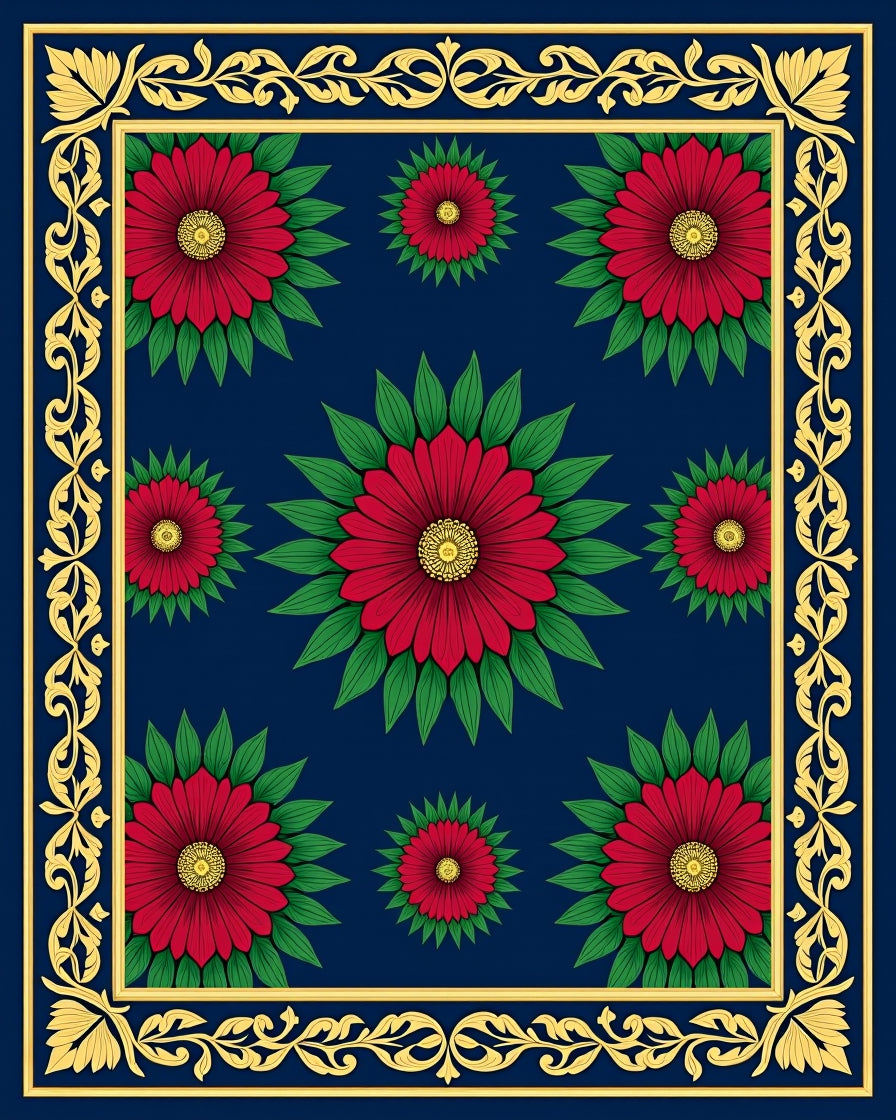 Deep Blue Red Floral Border Rug