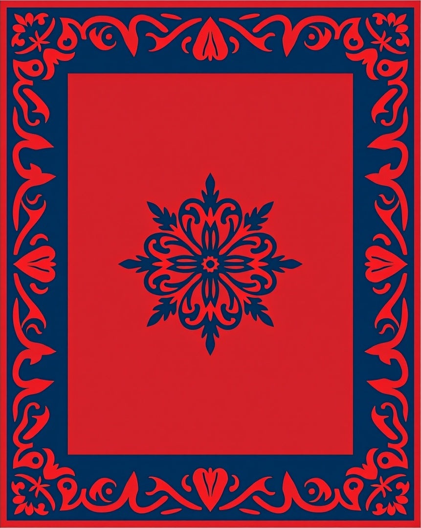Red Blue Floral Medallion Border Rug