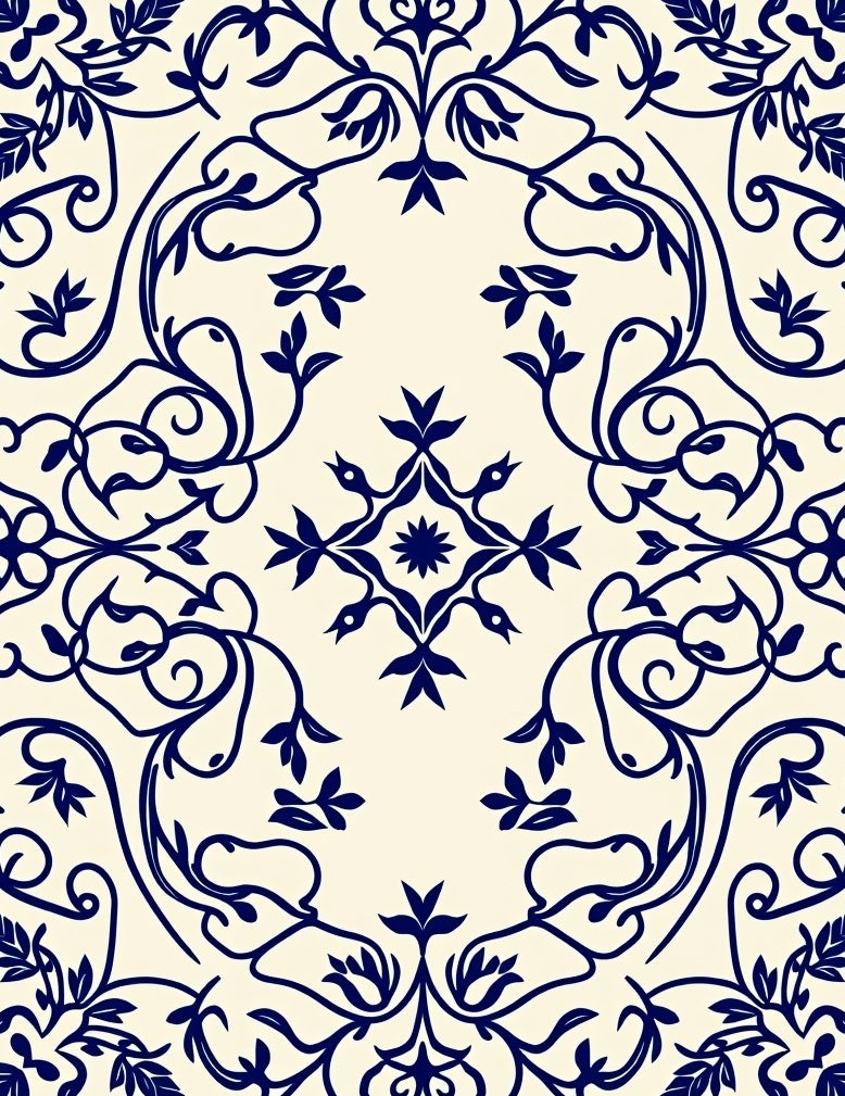 Classic Navy Floral Vine Pattern Rug