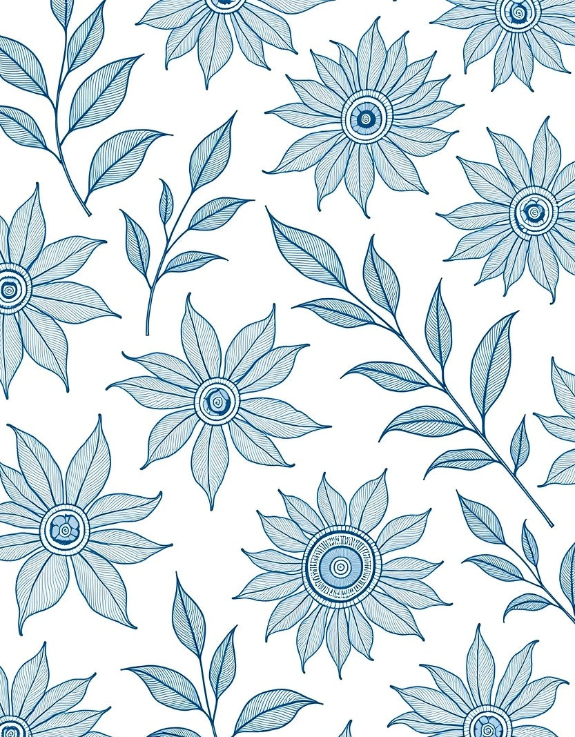 Blue Floral Linework Decorative Pattern Rug