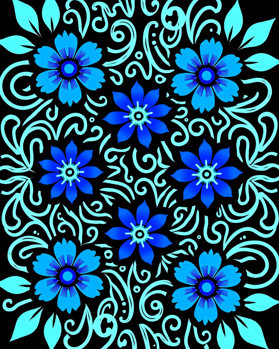 Vibrant Blue Floral Swirls Rug