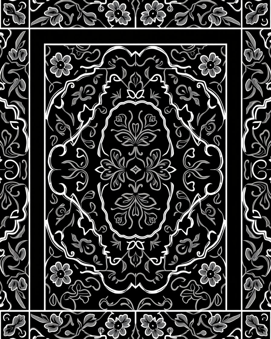 Black Floral Scrollwork Pattern Rug