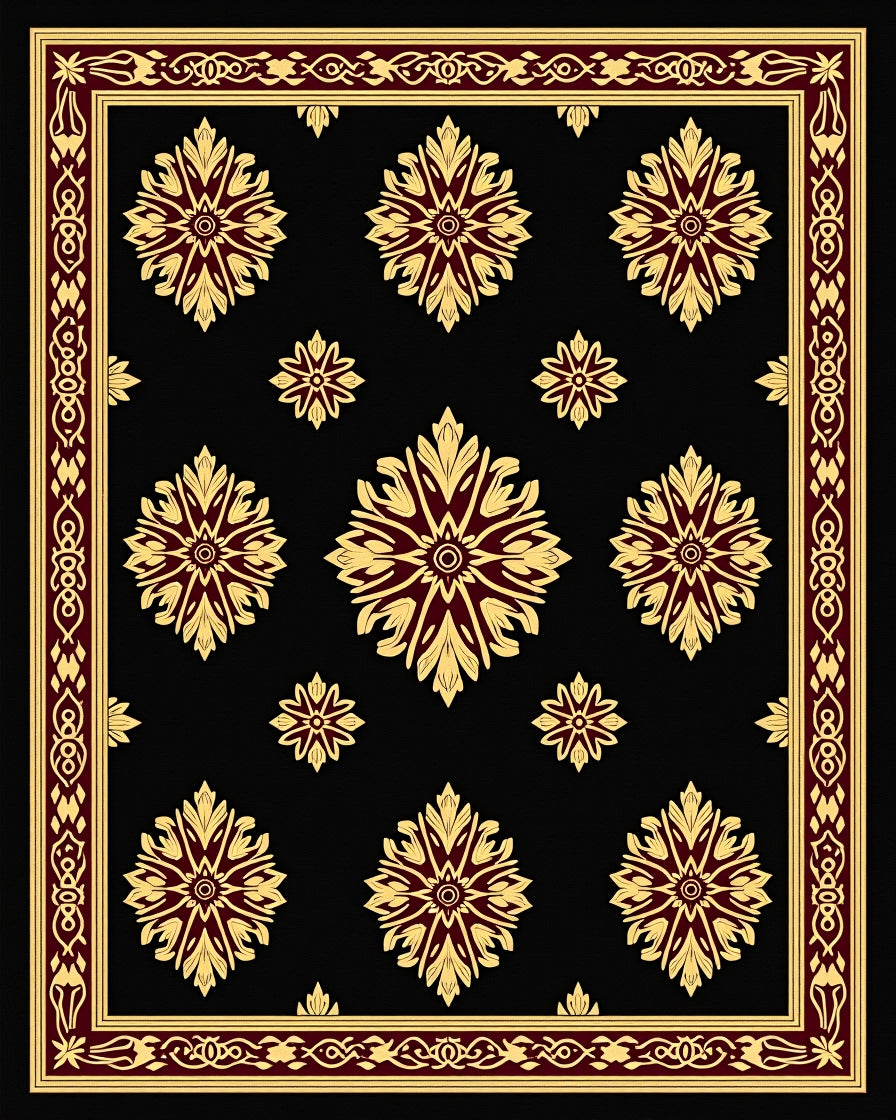 Ornate Gold Floral Patterned Rug