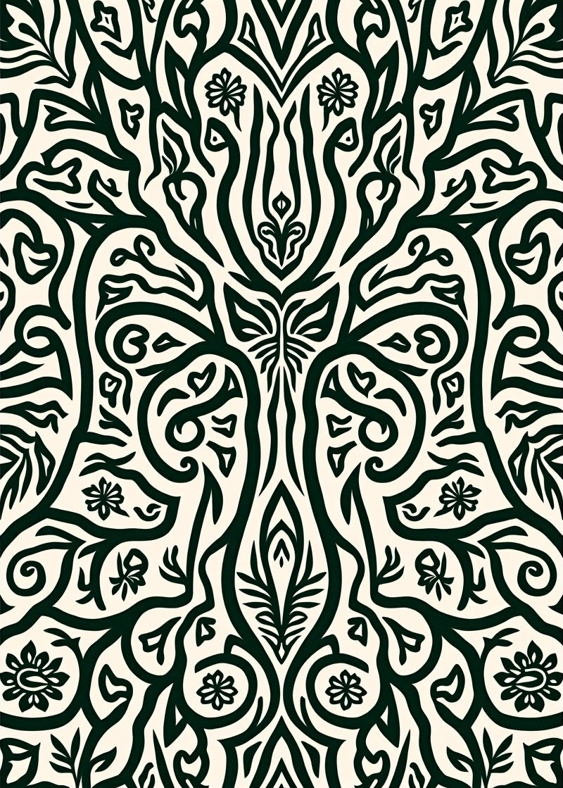 Symmetrical Black Floral Art Nouveau Rug