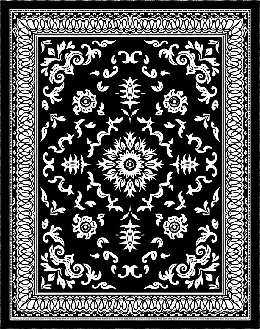 Black White Ornamental Floral Pattern Rug