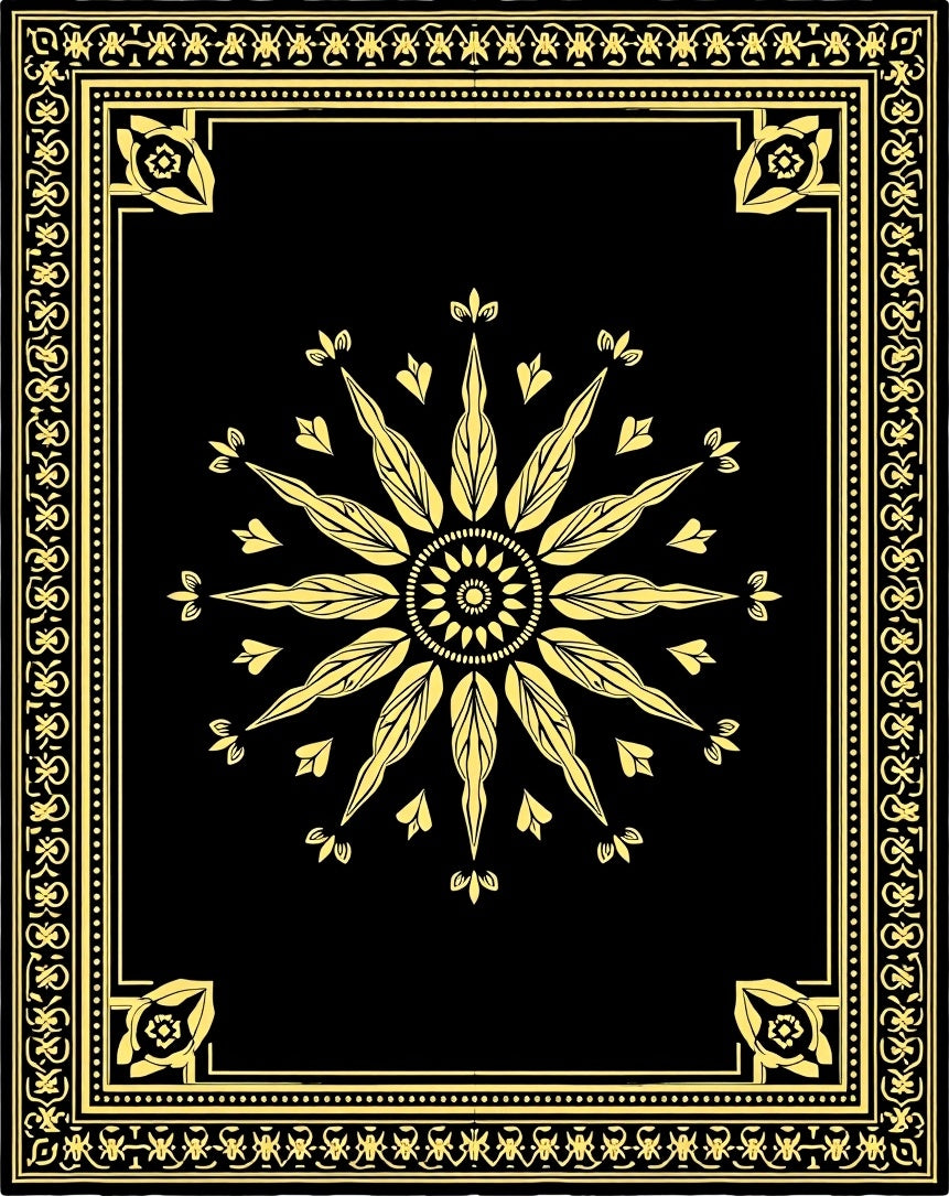 Black Gold Floral Sunburst Mandala Rug