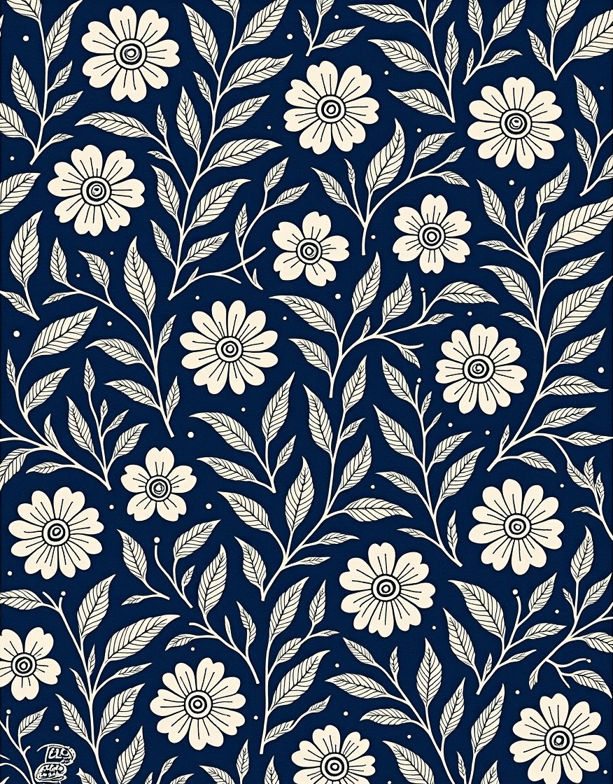 Cream Floral Vines On Navy Pattern Rug