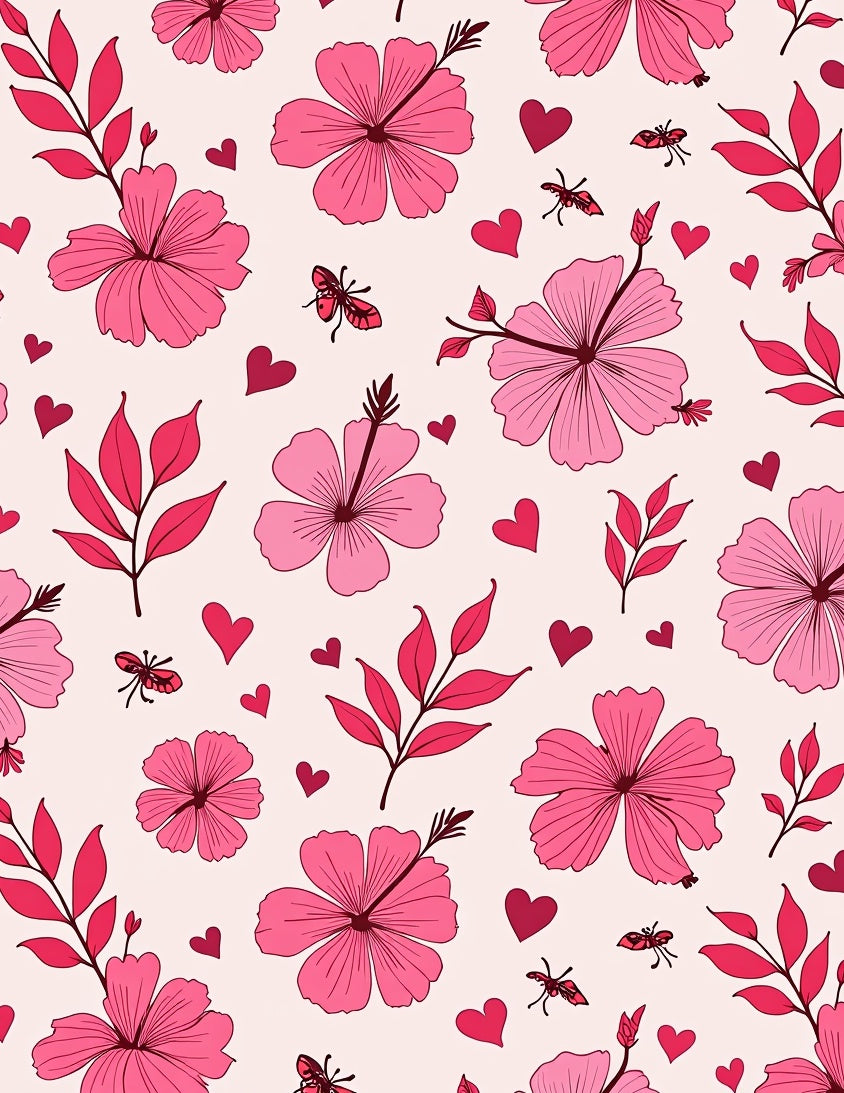 Pink Hibiscus And Heart Pattern Rug