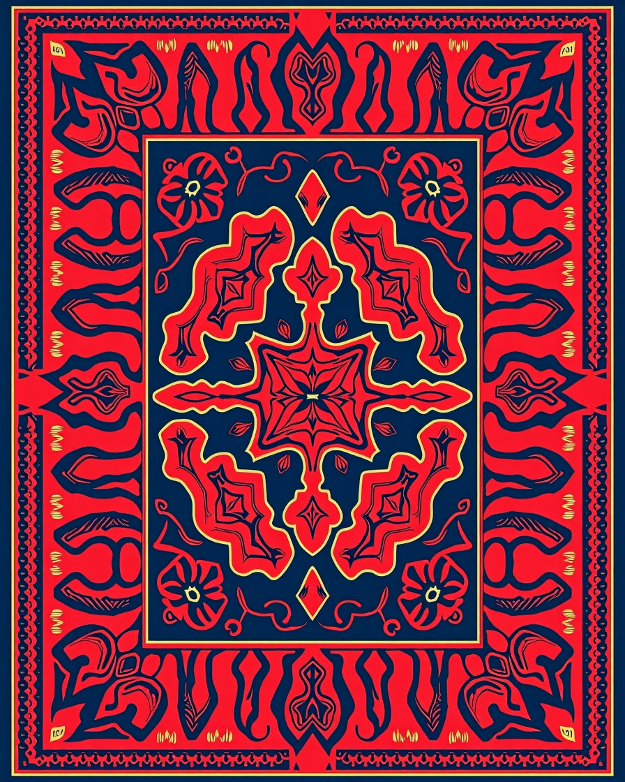 Bold Red Blue Exotic Pattern Rug