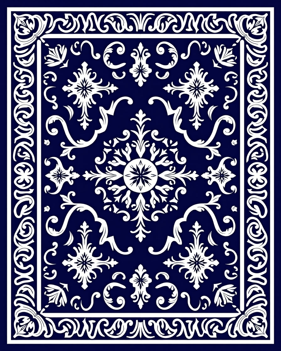 Navy White Intricate Floral Pattern Rug