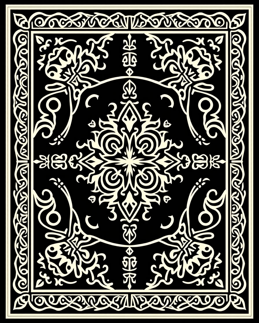 Elegant Black White Scroll Pattern Rug