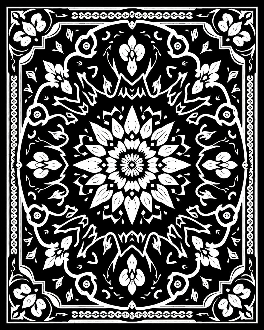 Black White Intricate Mandala Floral Design Rug