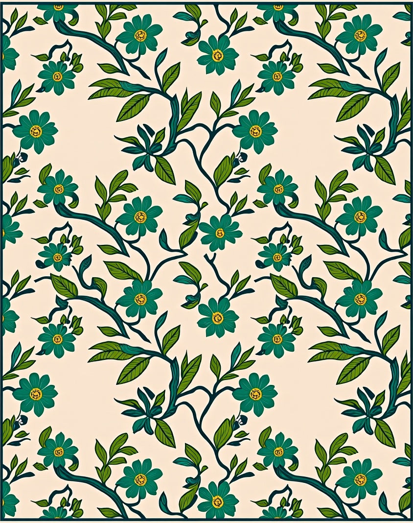 Teal Floral Vines Pattern Rug