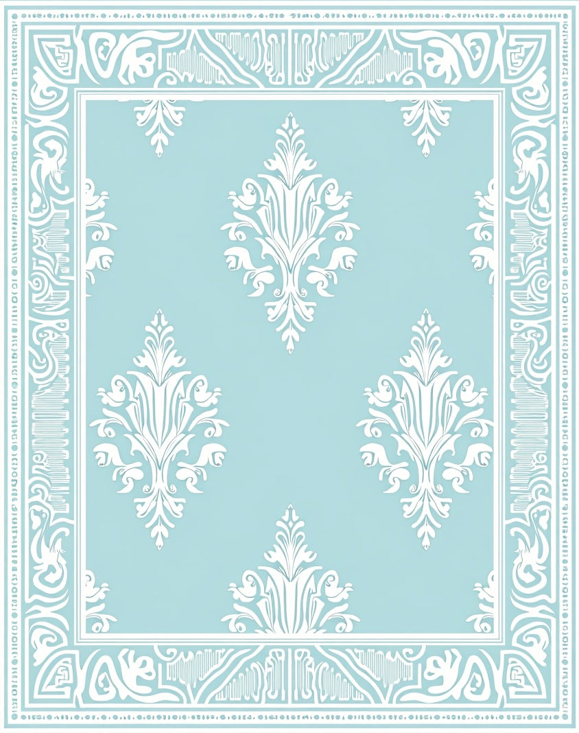 Pale Blue White Classic Damask Style Rug