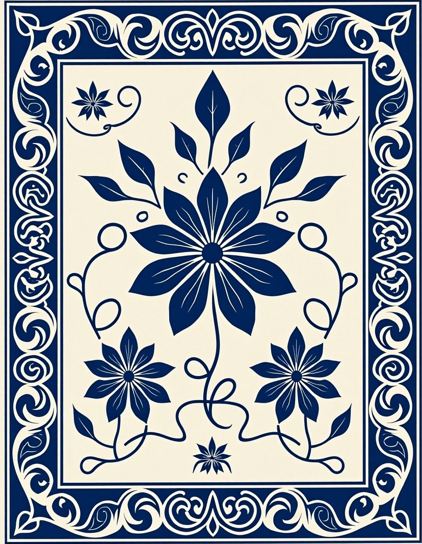 Ornate Floral Scrollwork Indigo Rug