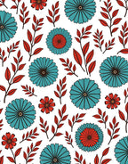 Floral Spray Pattern with Teal Red Blooms Rug