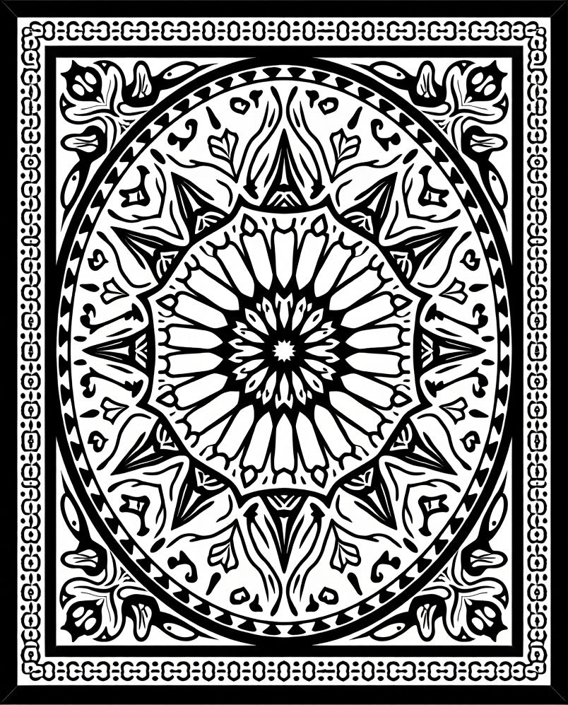 Intricate Black White Circular Pattern Rug