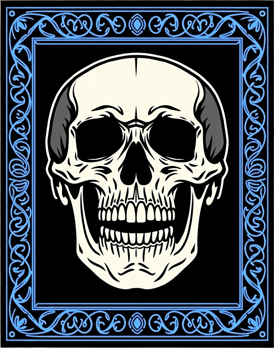 Ornate Blue Skull Black Backdrop Rug