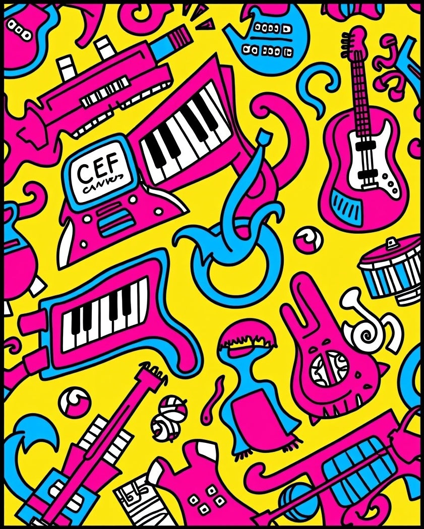 Vibrant Music Collage Pattern Rug
