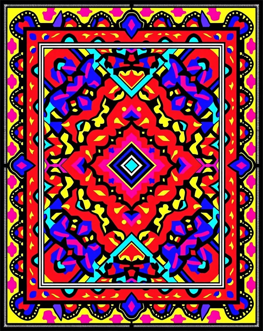 Vibrant Red Blue Yellow Geometric Pattern Rug
