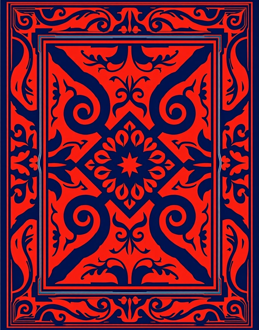 Ornate Red Blue Swirl Design Rug