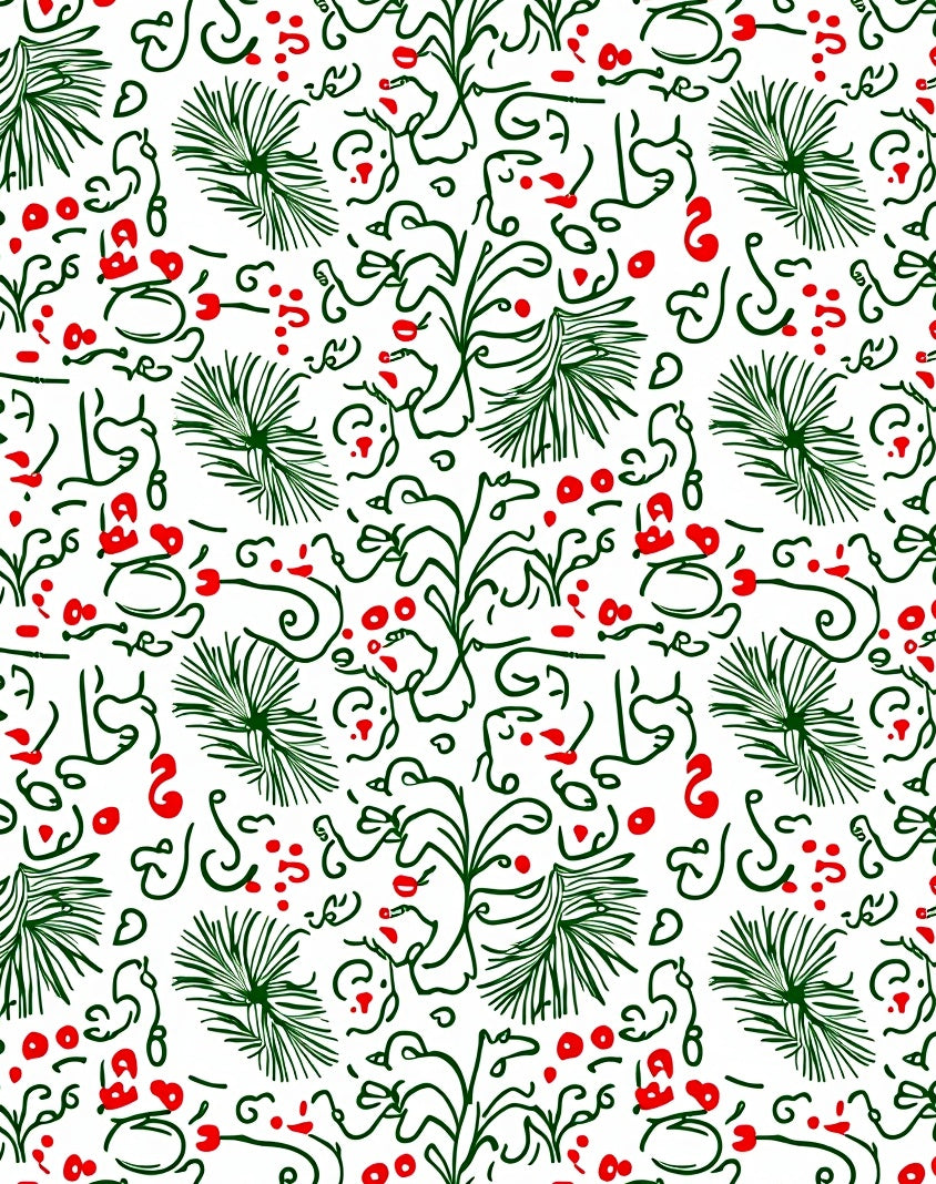 Green Red Botanical Line Art Rug