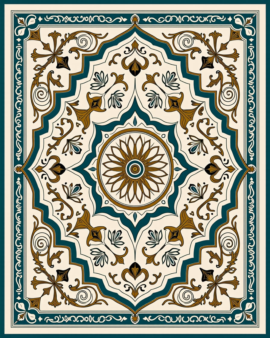 Elegant Teal And Gold Floral Medallion Rug