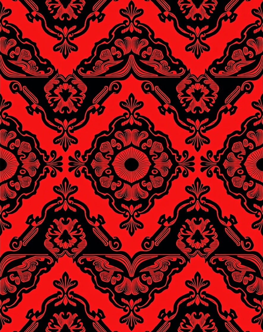 Red Black Ornate Damask Pattern Rug