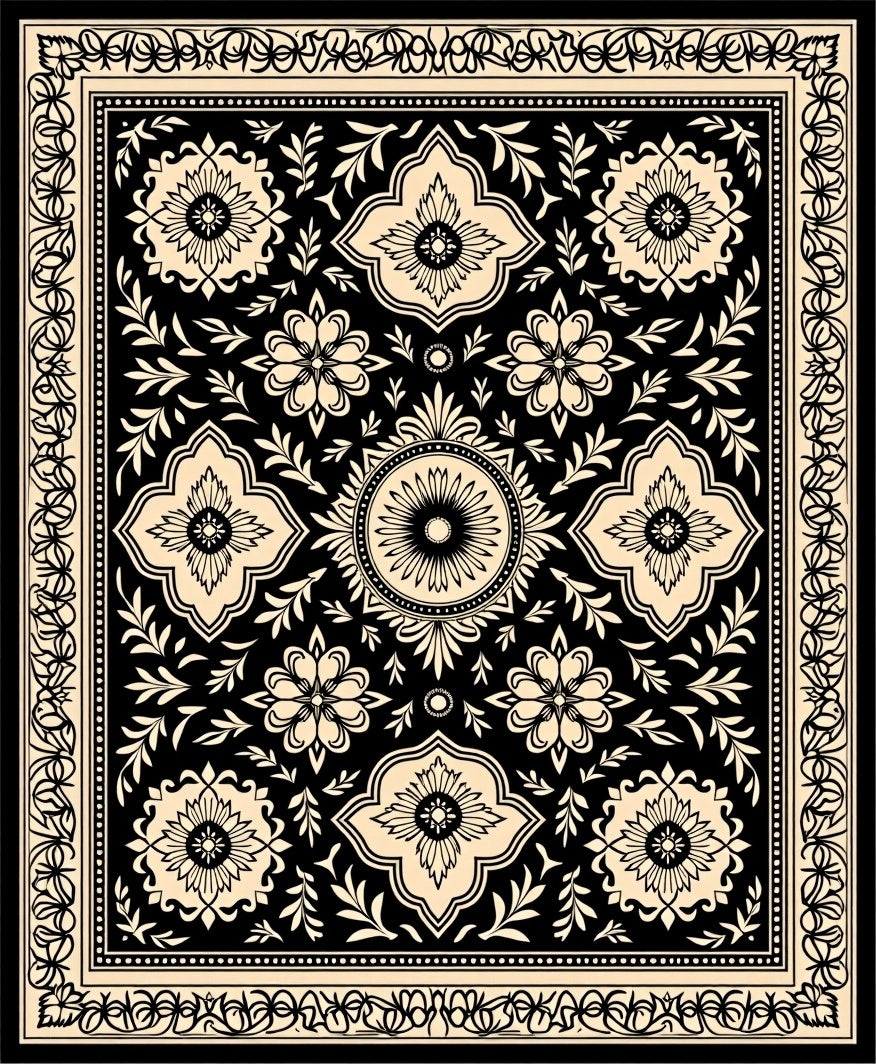 Classic Black Beige Floral Medallion Rug