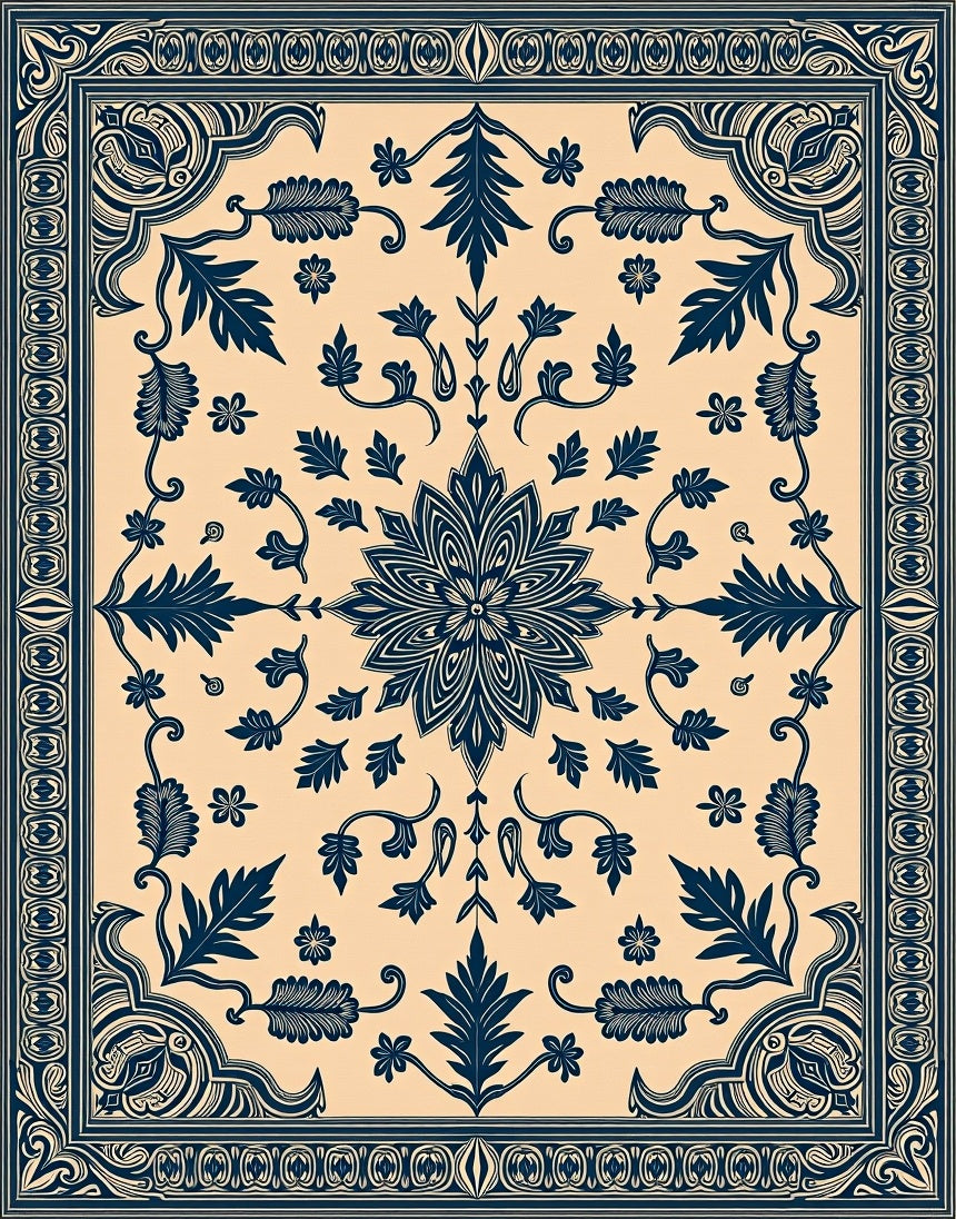Elegant Floral Scrollwork Dark Indigo Rug