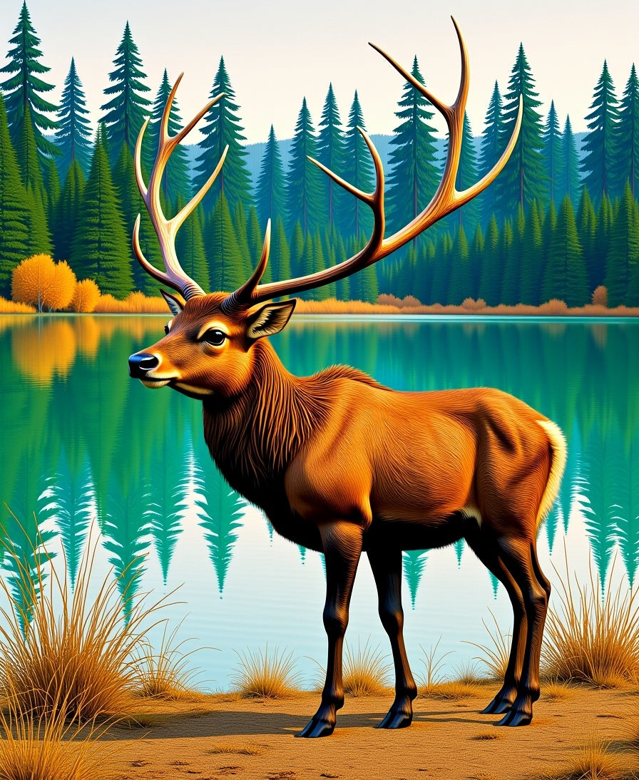 Majestic Elk Forest Lake Scene Rug