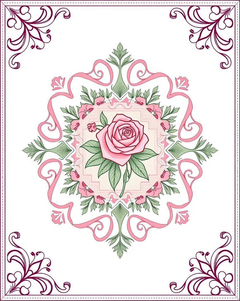 Pink Rose Floral Medallion Garden Vine Rug
