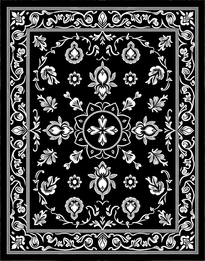 Elegant Black White Floral Medallion Rug