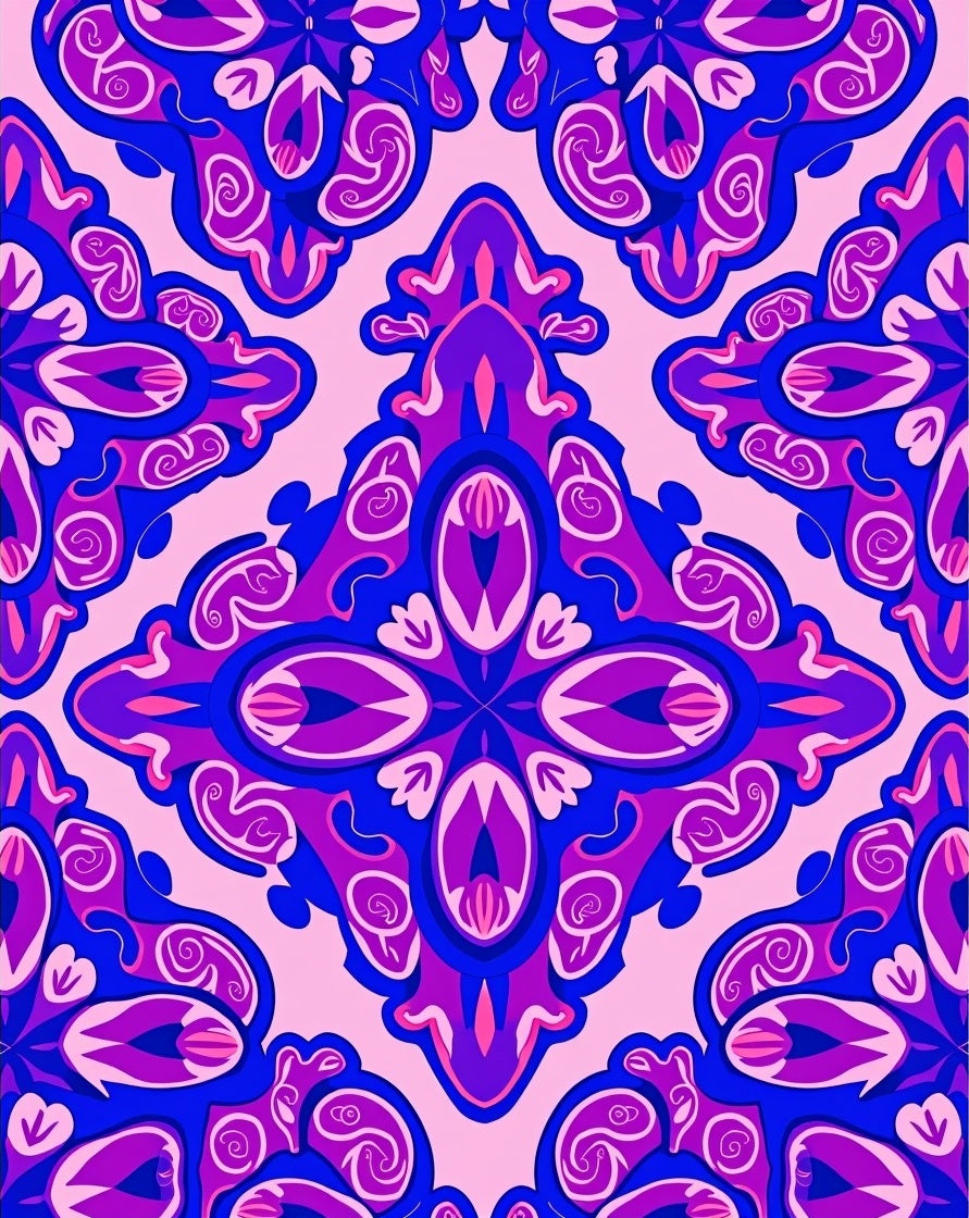 Pink Blue Floral Swirl Pattern Rug
