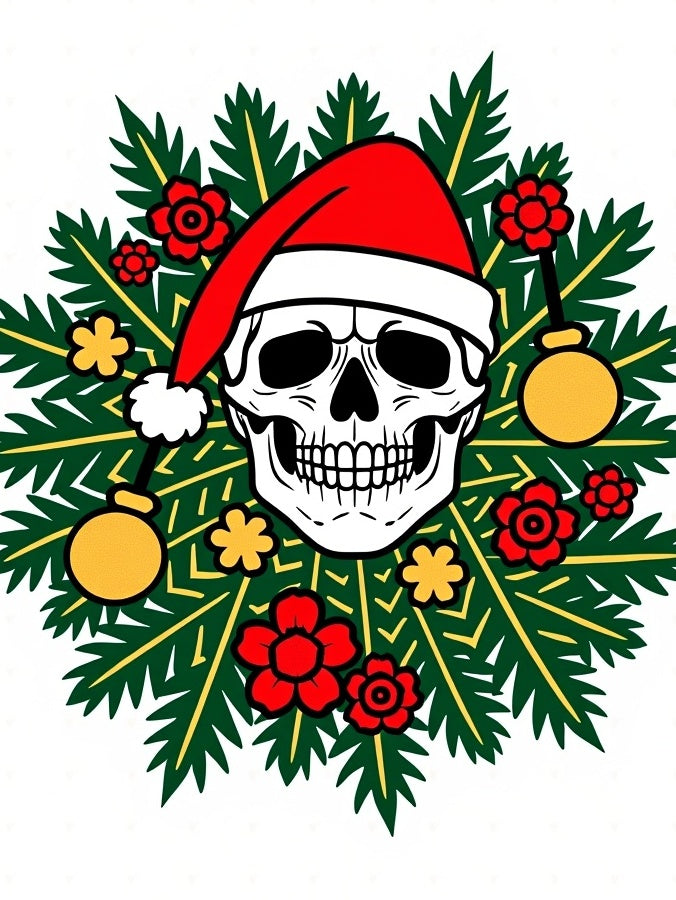 Festive Skull Red Green Baubles Wreath Rug
