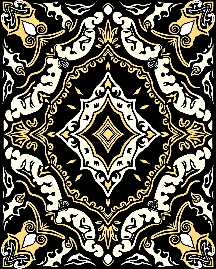 Ornate Black Yellow Geometric Pattern Rug