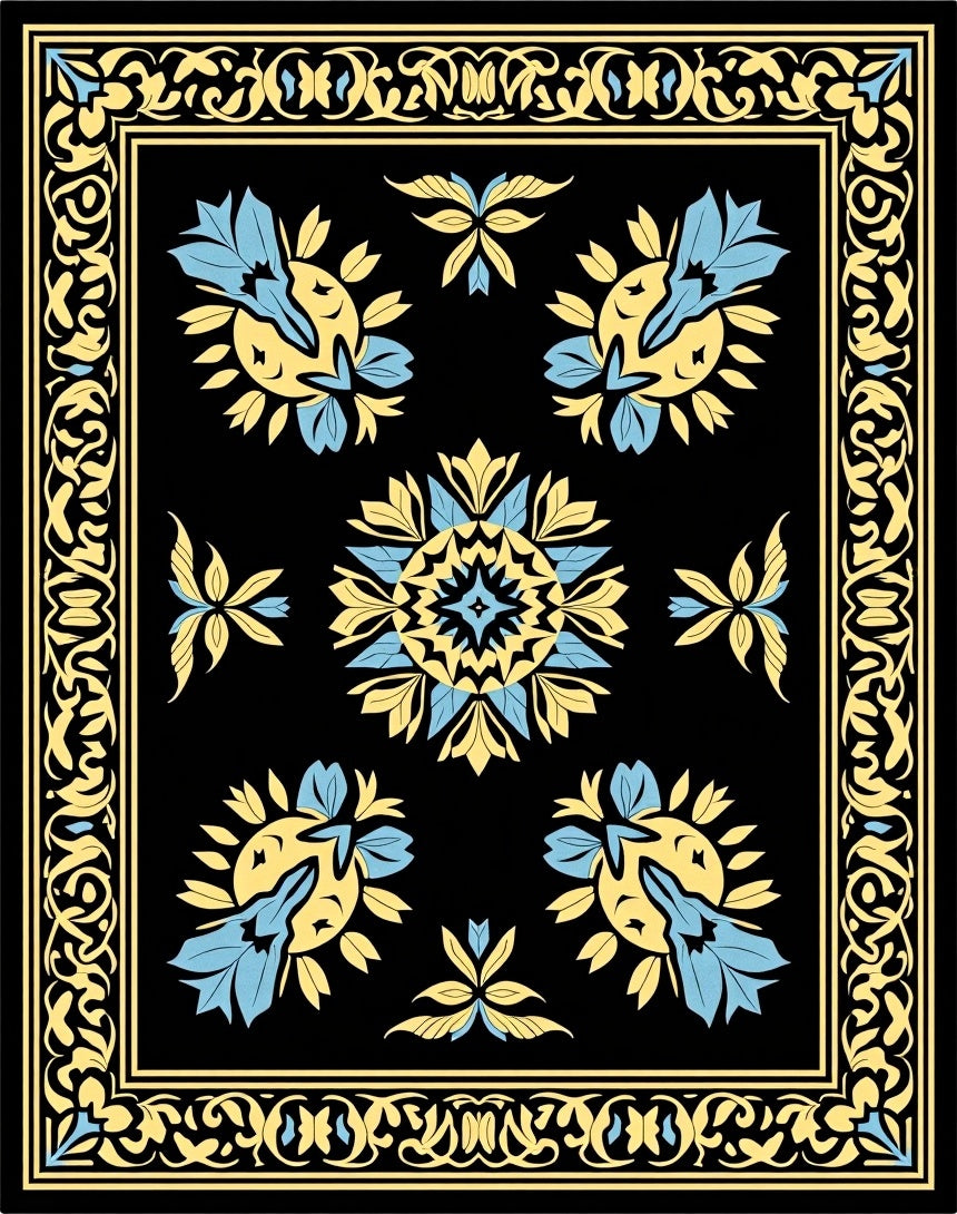 Artistic Black Yellow Blue Floral Design Rug