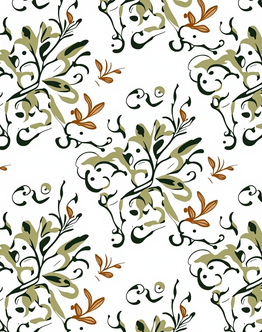 Olive Green Floral Vine Swirl Rug