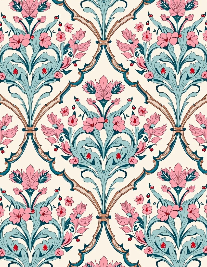 Art Nouveau Floral Pink Teal Design Rug