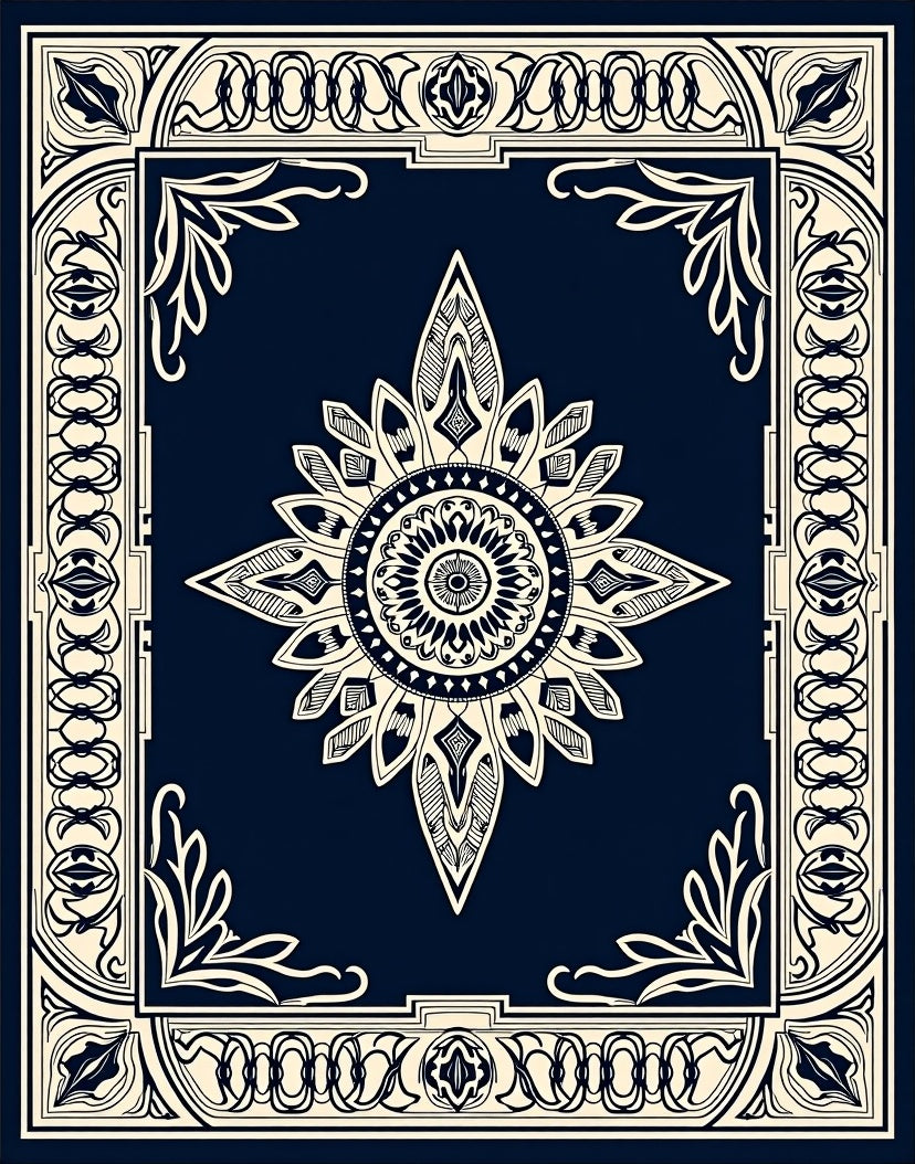 Ornate Starburst Border Medallion Design Rug
