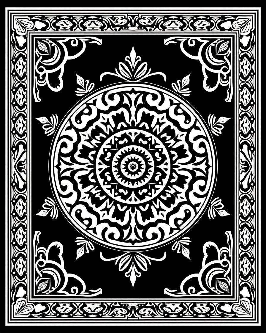 Intricate Black and White Mandala Design Rug