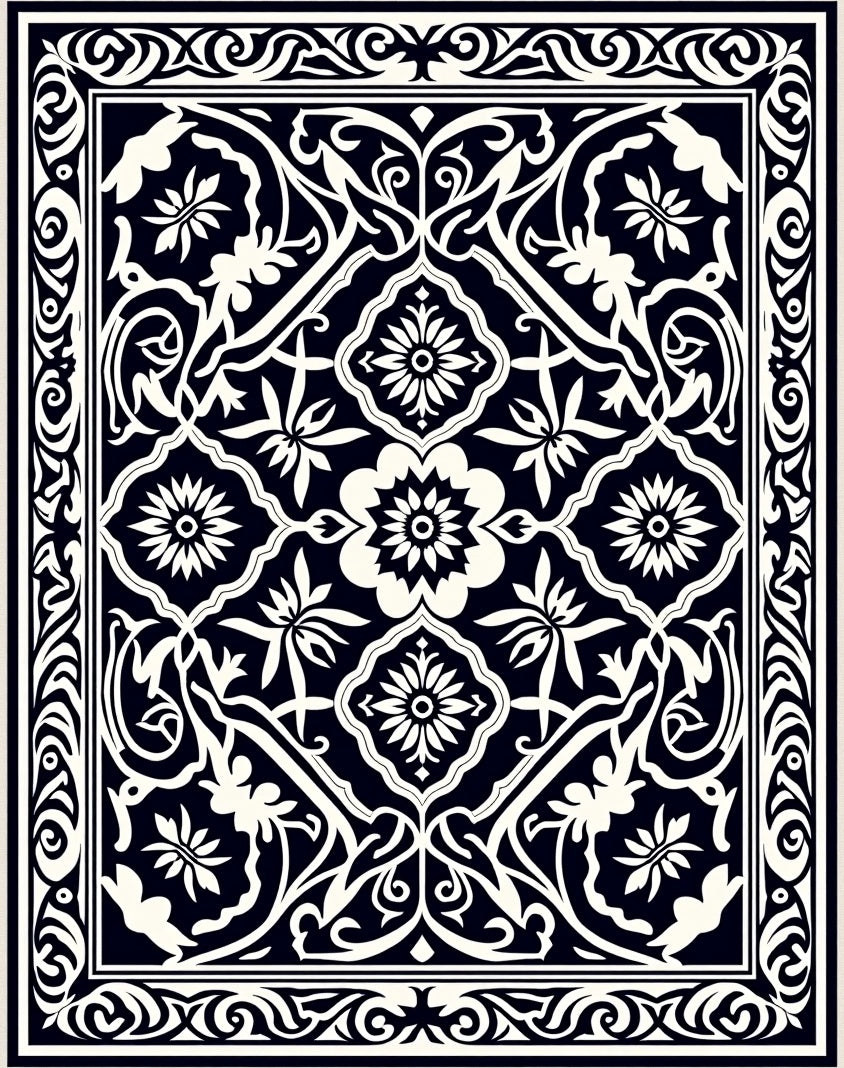 Classic Black White Floral Medallion Rug