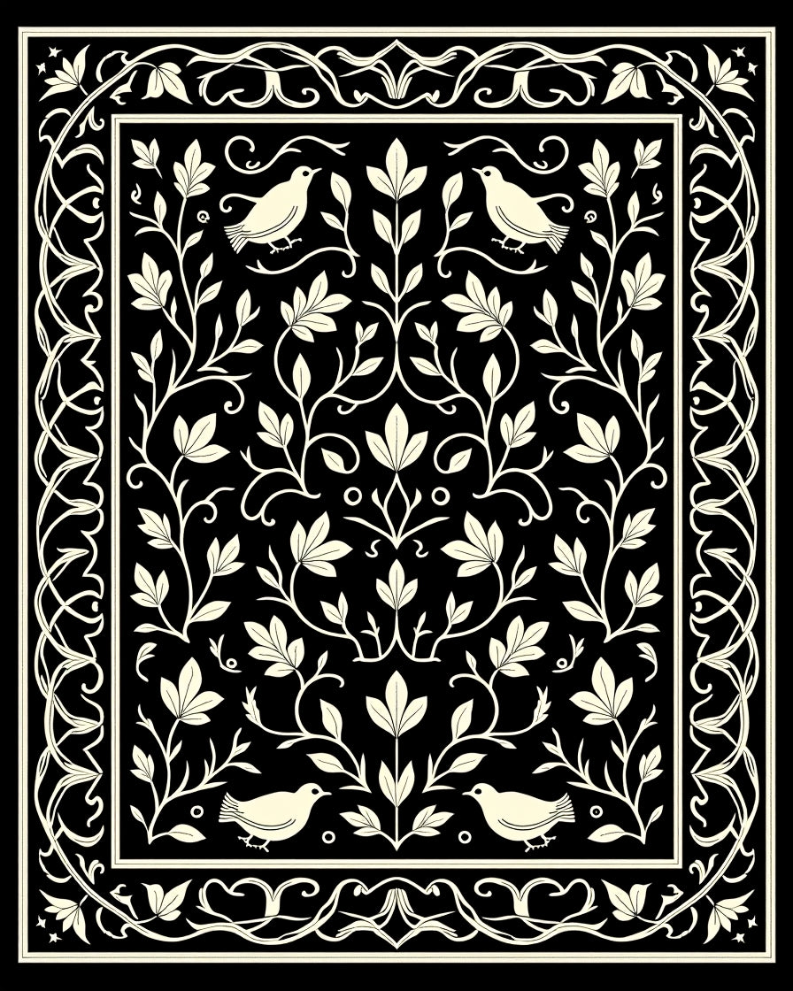 Vintage Birds Floral Vine Scroll Rug