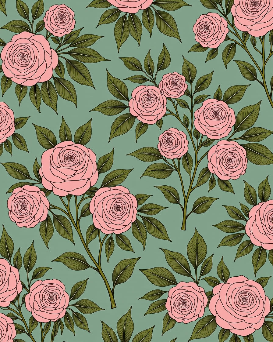 Pink Rose Floral Branch Pattern Rug