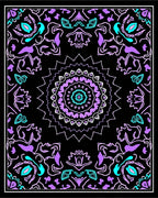 Vibrant Purple Teal Mandala Black Rug
