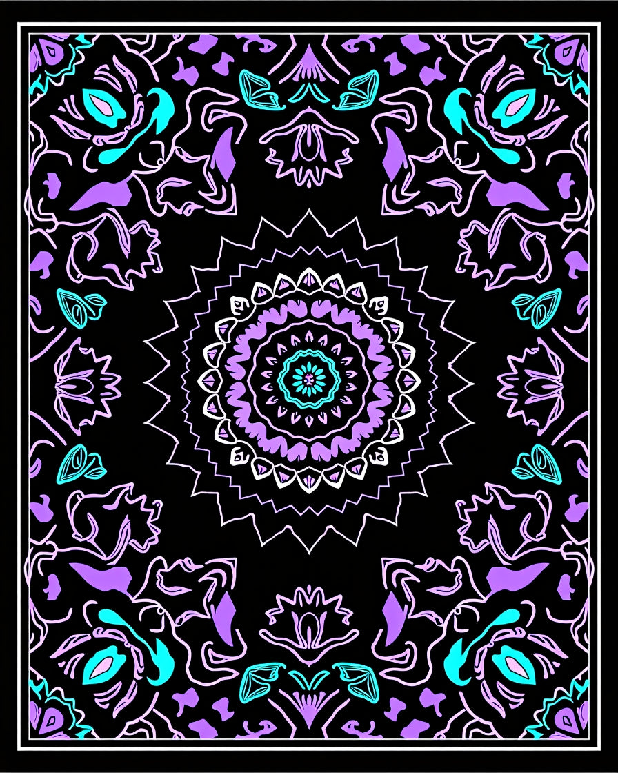 Vibrant Purple Teal Mandala Black Rug