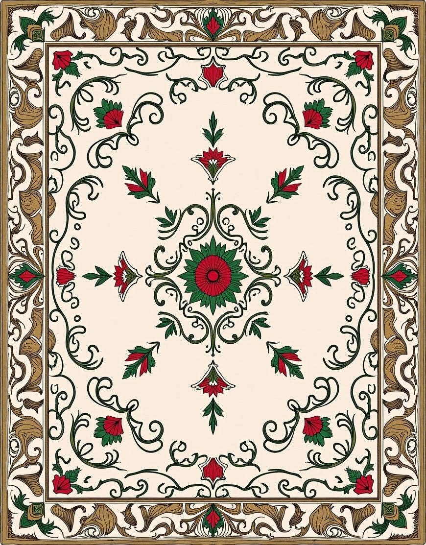 Ornate Floral Swirl Red Green Accents Rug