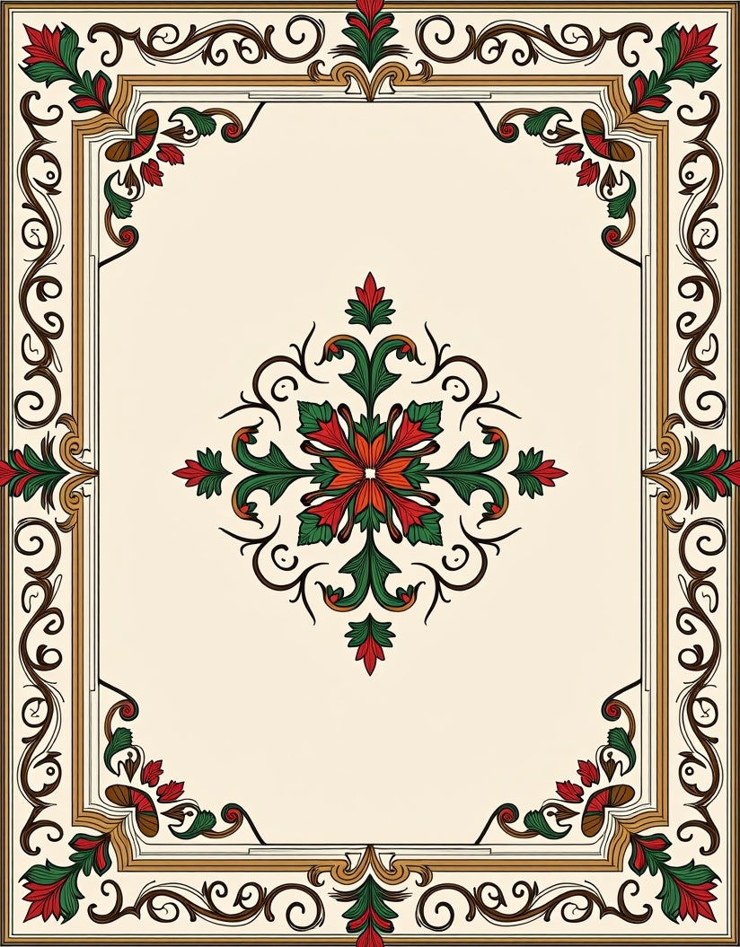 Ornate Floral Scrollwork Border Design Rug